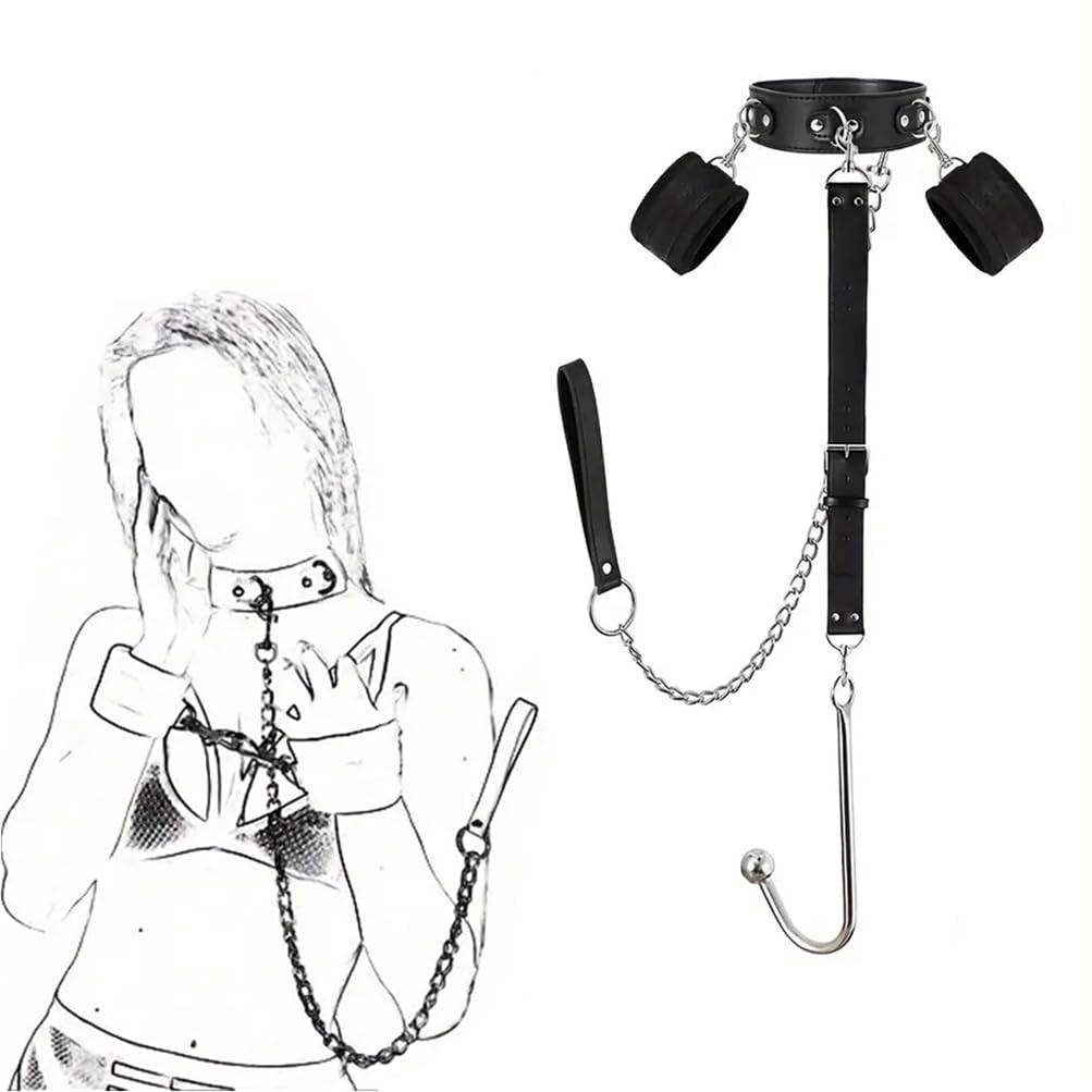 1 Set de Collar de Cuero Negro Ajustable con Gancho para Esposas, Haz el Juego Más Divertido