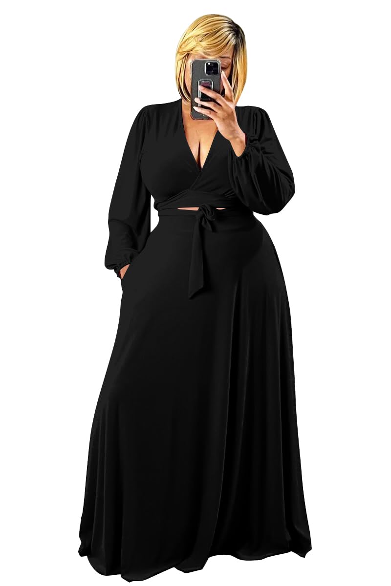 Plus Size Womens 2 Piece Outfits Casual Long Sleeve Wrap Crop Top Maxi Long Dress Flowy Matching Sets