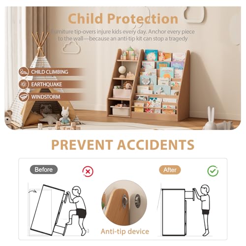 Image of Solid Wood Kids Bookshelf and Storage Organizer, 7 Layer Children Bookcase, Baby Toddler Wooden Book Shelf, Display Cabinet for Playroom, Bedroom, Classroom, Nursery, School, Natural