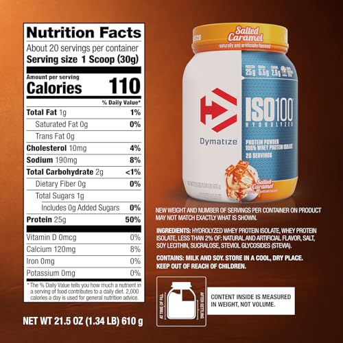 Image of Dymatize ISO100 Whey Protein Powder Isolate, Salted Caramel, 25g of Protein, 5.5g BCAAs, Less Than 120 Cal., Gluten Free, 1g Fat, 1g Sugar, 2g Carb (20 Servings)
