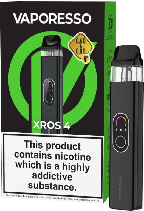 VAPORESSO XROS 4 POD Vape Kit [Black] - Upgraded 1000mAh Battery COREX 2.0 Mesh Technology 30 Mins 2A Fast Charging Refillable and Rechargeable E Cigarettes No Nicotine No Liquid