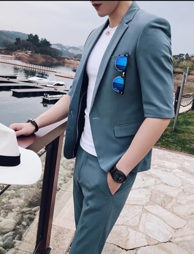 Ulnomio Men's Half Sleeves Suit Set Two Pieces Notch Lapel One Button Elbow Sleeve Jacket and Pants Role Play Daily2