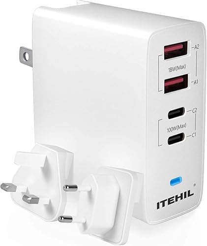 ITEHIL Cargador PD rápido de 4 puertos de 100 W, cargador portátil tipo C con enchufe plegable para iPhone 1212 Pro MaxAirPods MaxiPadMacBookSamsung