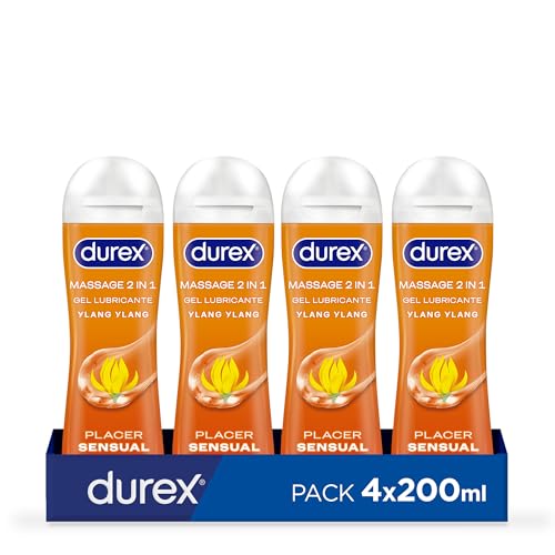 Durex Play Massage Gel Lubricante 2 en 1, Gel de Masaje y Lubricante con Ylang Ylang 200 ml [Pack 4 Unidades]