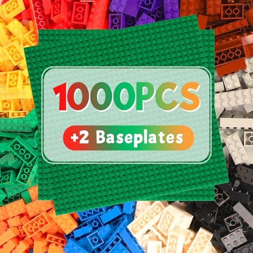 Conjunto de blocos de construção com 1000 peças e 2 placas de base, compatível com outros sistemas, 14 cores, 19 formas, brinquedo de construção para crianças a partir de 6 anos, blocos de construção