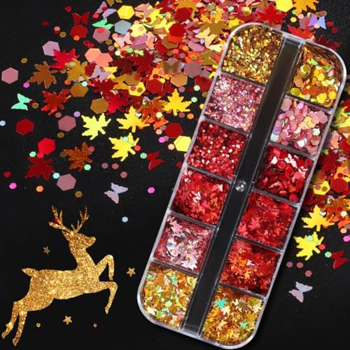 Image of 3Boxes 24 Colors Maple Leaf Nail Art Sequins Chameleon Holographic Glitter 3D Flakes Laser Gradient Nail Glitter Design Shiny Glitters Accessories for Women Fall Manicure DIY Decorations