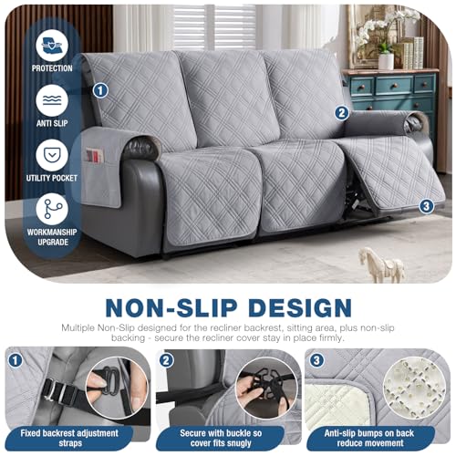 Image of TAOCOCO 100% Waterproof Recliner Couch Cover, Non Slip Split Couch Covers for Reclining Couches with Elastic Straps, Washable Reclining Couch Covers Furniture Protector for Pets(3 Seater, Light Grey)