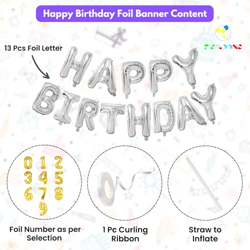 Image of Flyloons 13th Silver Happy Birthday Foil Balloon Set for 13 Year Old Boys Girls Teenage | with Number Thirteen | 13 Letters Reusable Happy Birthday Metallic Foil Balloons Decoration Kit,15 piece