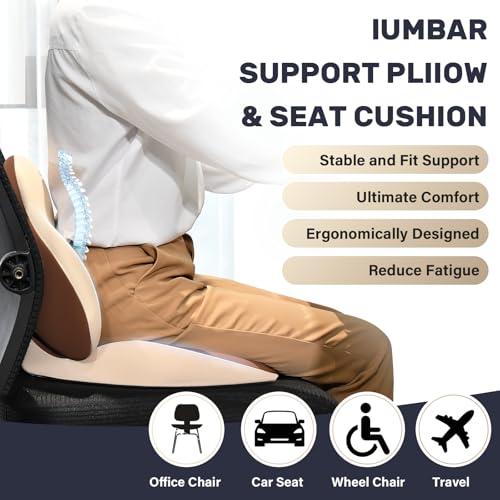 Image of Coverado Car Seat Cushion and Lumbar Support Pillow, Memory Foam Ergonomic Back Support Driving Seat Cushion for Sciatica, Tailbone, Back Pain, Non-Slip Washable Cushion for Car, Driver, Office