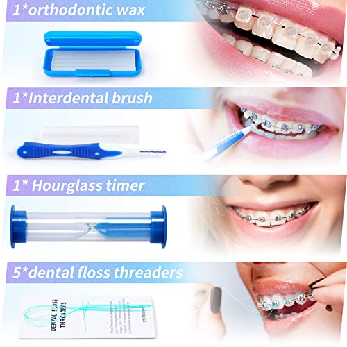 Annhua Braces Cleaning Kit 8 Pack, Orthodontic Travel Dental Care Set with Interdental Brushes, Brace Wax, Floss Threader, Oral Mirror & Timer - Portable for Teeth Aligners, Retainers - Blue - Image 6