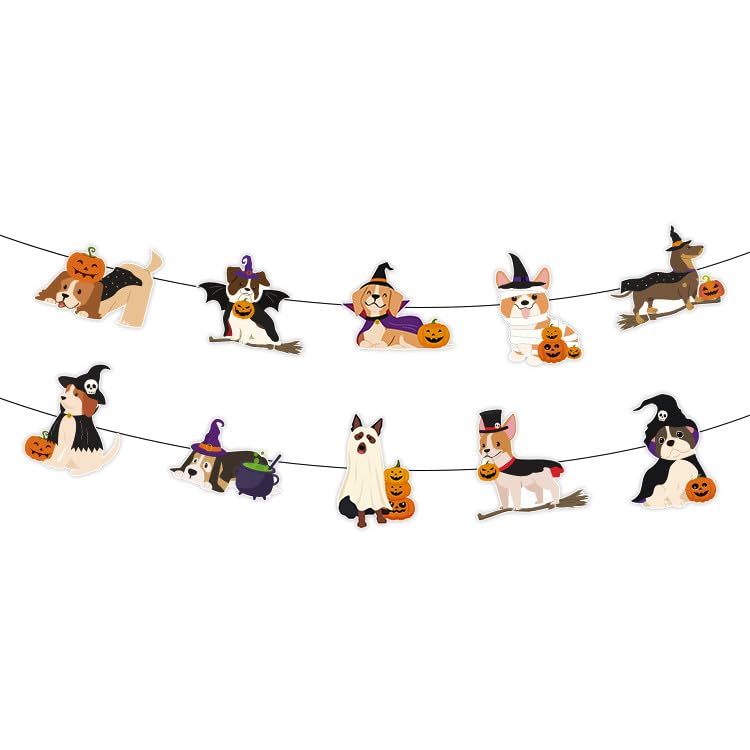 Image of Halloween Party Decorations Halloween Dog Banner Garlands Backdrop Decor | Cute Dog Birthday Banner with Witch Pumpkin Garland for Home Office Halloweens Decor Kids Adult Pet Birthday Party Supplies