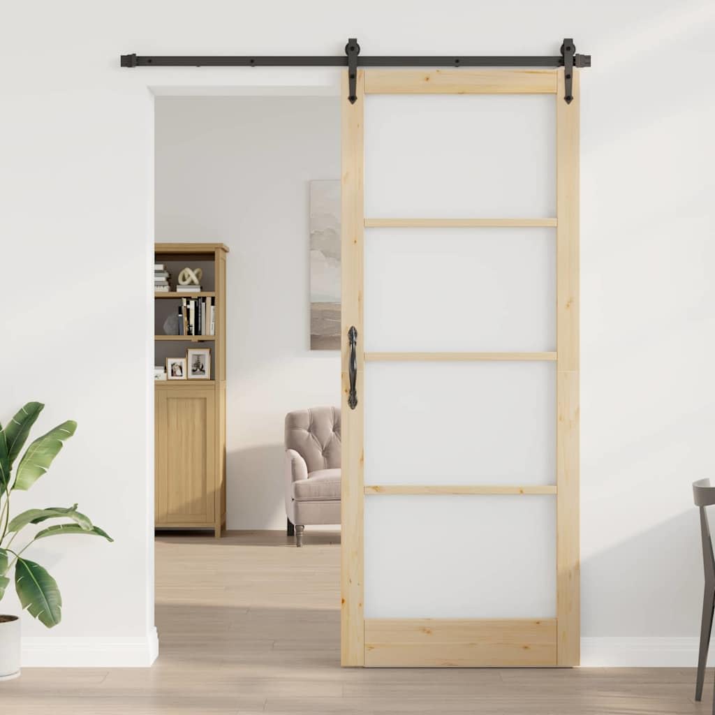 Drzwi przesuwne z litego drewna sosnowego z przezroczystym szkłem 93 x 232 cm, drzwi przesuwne do wnętrz, ciche przesuwanie z szynami i rolkami, skrzydło drzwi do mieszkania