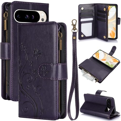 Étui portefeuille Google Pixel 9 / 9 Pro en cuir violet avec fermeture éclair