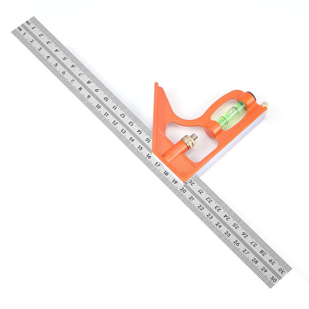 Siumir Combination Square with Bubble Level, Adjustable Right Angle Ruler 300 mm / 12 inch (Orange)