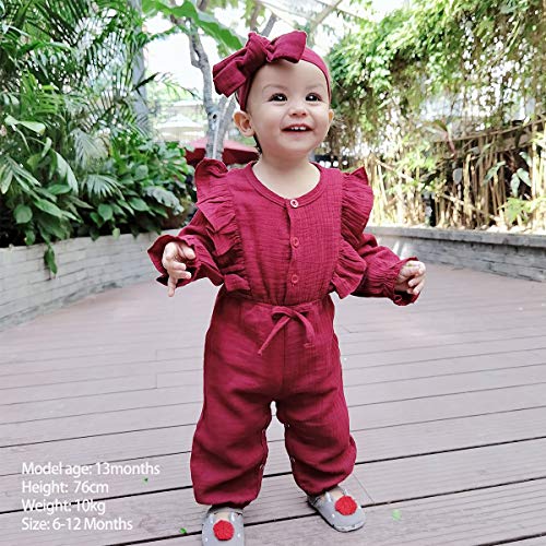 YALLET Newborn Baby Girl Clothes Solid Long Sleeve Baby Onesies Cotton Linen Romper Jumpsuits Fall Infant Girl Clothes with Headband Red