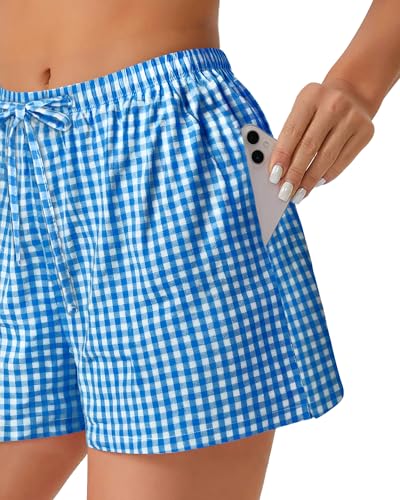 Image of Women Boxer Shorts Gingham Drawstring Pajama Bottom Plaid Pants with Pocket