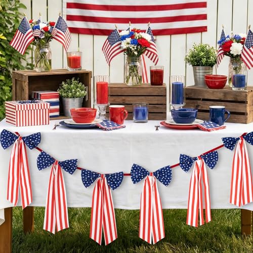 Image of 4th of July Decorations - 6.7 FT Patriotic Bow Garland Banner | Memorial Day 250th Anniversary Red White Blue Independence Day Party Decorations for Home Yard Porch Indoor Outdoor