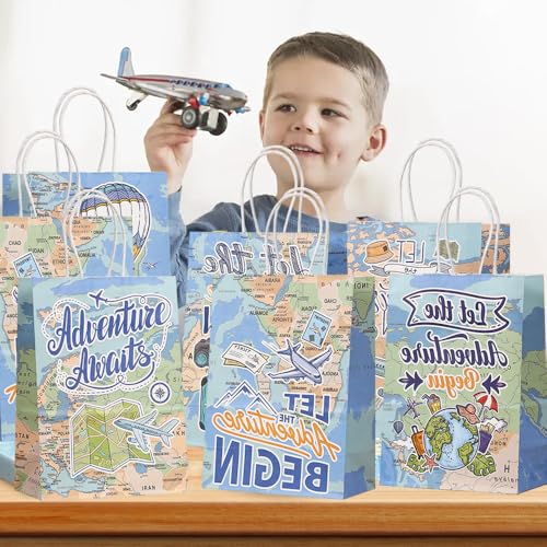 YGCHEN Geschenktüten Reise Papiertüten Abschlussfeier Süßigkeiten Tüte Weltreisen Partytüten Abenteuer Reisen Goodie Tüte Flugzeug Candy Tüten Geburtstage Party Mitgebsel 12 Stück