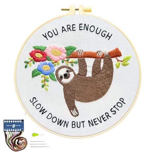 Image of La glaneuse Embroidery Kit for Adult, Beginner Embroidery Kit with Cute and Funny Animal Pattern, Eight Simple Stitches to Get a Positive Sloth, Mental Health and Stress Relief Gift for Him /Her