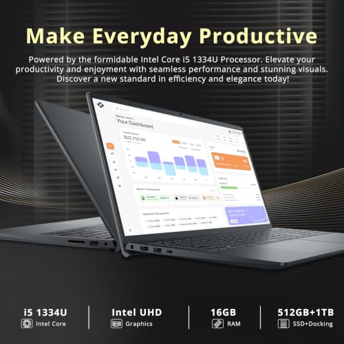 Image of Dell 15.6 inch FHD Touchscreen Laptop, Intel Core i5-1334U, 16GB DDR5, 1.5TB Storage (512GB SSD+1TB Docking Station Set), Intel UHD Graphics, Numeric Keypad, 720p Camera, Wi-Fi 6, Win 11 Pro, Carbon Black
