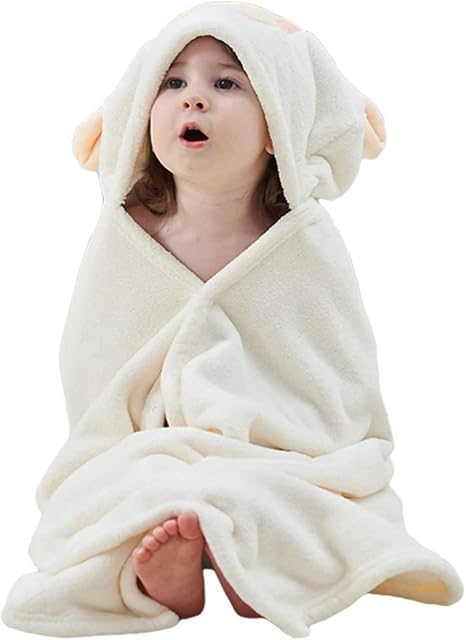 Gneliwm Baby Hooded Bath Towel Swaddle Wrap Blanket Bathrobe Ultra Soft Absorbent Coral Velvet Poncho Shower Towel for Newborn Infant Toddler (White Sheep)