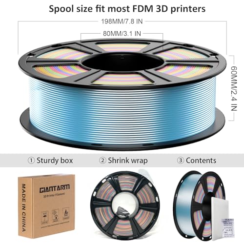 Image of GIANTARM 3D Printer Filament Silk PLA,1.75mm Gradient Rainbow PLA Color Changing Filament with Vacuum Packaging,1kg (2.2lbs) Spool,Dimensional Accuracy + /- 0.02 mm