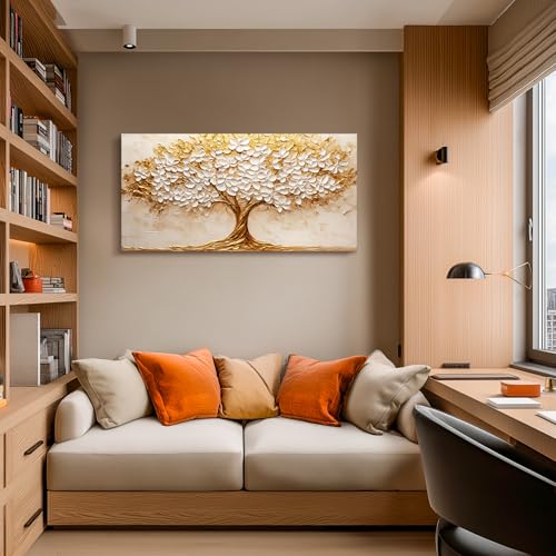 crmotu Tree of Life Large Wall Art, Blooming Flower Tree Art Prints, White Gold Abstract Landscape Paintings, Modern Trendy Home Wall Decor Living Room Bedroom Above Bed Canvas Pictures 24x48 Inch