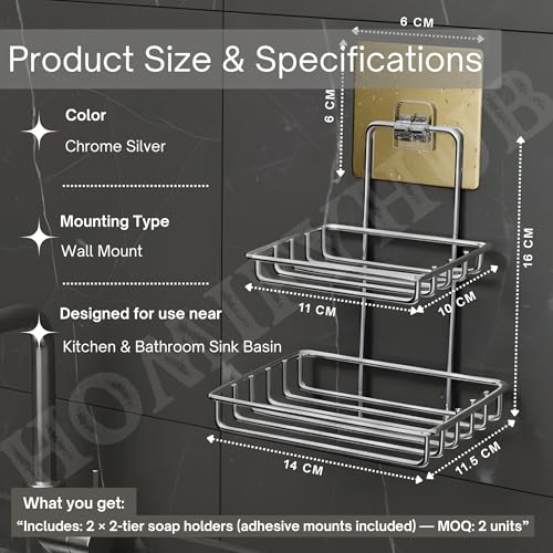 Image of Double Layer Soap Stand for Bathroom | Soap Holder for Bathroom Stickable | Self Adhesive Wall Mounted Stainless Steel Soap Dish | No Drill Soap Tray Waterproof Rust-Proof (Set of 1)