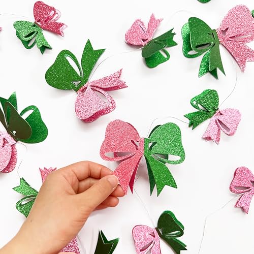 Image of 6PCS Pink and Green Party Decorations 3D Green Pink Conquette Bow Garland Witch Party Decorations Double Layer Bow Banner Streamers for Girls Witch Kids Wizard Birthday Baby Shower Decor Supplies