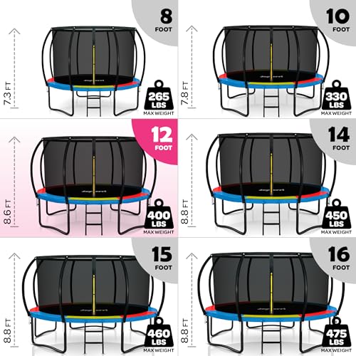 Image of JoyBerri Upsurge Trampoline Outdoor - ASTM Certified Safe 8Ft 10Ft 12Ft 14Ft 15Ft 16Ft Recreational Trampoline for Kids and Adults. Anti-Rust Coating with Enclosure Net, Ladder, Sprinkler & LED Lights