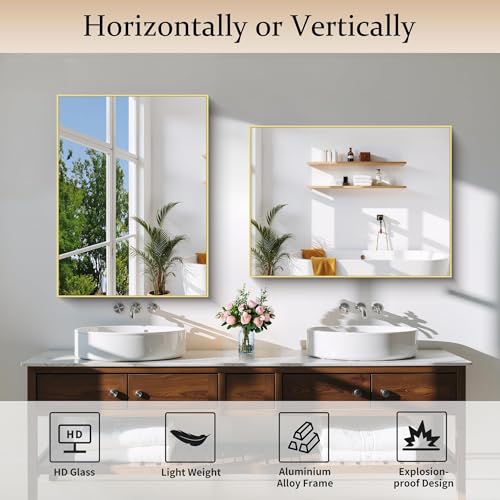 Image of COFENY Gold Bathroom Mirror for Wall, 24x32 Inch Rectangle Mirror with Metal Frame, Modern Vanity Mirrors for Bathroom Living Room, Entryway Hangs Horizontal or Vertical