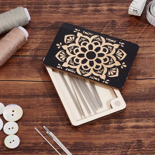 Image of AHANDMAKER 2 pcs Wooden Needle Box Sewing Needle Storage Box Sewing Pins Organizer Exquisite Printed for Quilters, Sewers, Tailors, Black,3.15x1.97x0.14 Inch