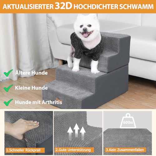 Nepfaivy Hundetreppe für Kleine Hunde 4-Stufig, Hundetreppe Hunderampe für Bett und Sofa aus Hochdichtem Schwamm, Haustiertreppe mit Abnehmbarem, Waschbarem Bezug und Rutschfestem Boden, 61x40x45cm