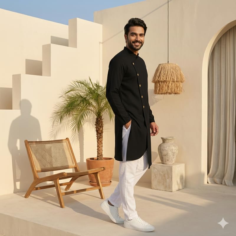Image of OOMPH! Men's Ethnic Traditional Asymmetric Kurta Polycotton Regular Fit | High Neck Full Sleeves | Traditional Indian Festive Kurta | Stylish Casual and Wedding