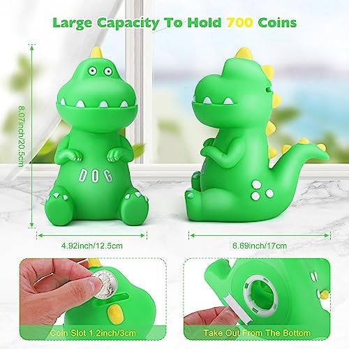 TCJJ Piggy Banks For Kids, Dinosaur Piggy Bank For Boys,Money Box For Kids With 2 Alphabet & 10 Dinosaur Stickers & 4 Dinosaur Toys Set,Boys Dinosaur Gifts For Birthday,Christmas