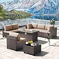 Kullavik 8 Pieces Outdoor Patio Furniture Set Sectional Rattan Sofa Brown Manual Wicker Patio Conversation Set with 43" Gas Propane Fire Pit Table,Sand