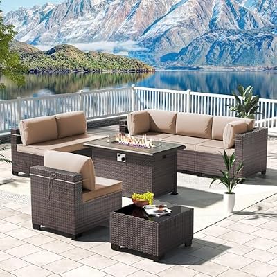 Kullavik 8 Pieces Outdoor Patio Furniture Set Sectional Rattan Sofa Brown Manual Wicker Patio Conversation Set with 43" Gas Propane Fire Pit Table,Sand