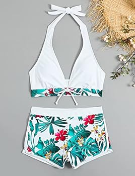 SEAUR Bikini Set Women's Two-Piece Swimsuit Swimming Shorts with Bikini Top Top Floral Pattern Summer Swimwear Two-Piece Swimsuit Swimming Shorts Swimming Pool Beach S M L XL, A16# white, L