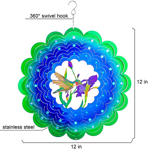 Hummingbird Wind Spinner,12In Bird Flower Wind Spinners For Yard And Garden,3D Wind Catcher Spinner Outdoor Metal Large Hanging,Green & Blue Kinetic Wind Sculptures Patio Spinfinity Art Ornament Gifts #TOP7