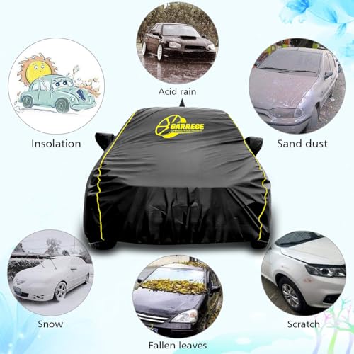 Image of Waterproof Car Body Cover Compatible with Toyota Glanza Car with Mirror & Anteena Packets Dust Proof & Belt with Elastic Black Colour & Yellow Piping Style