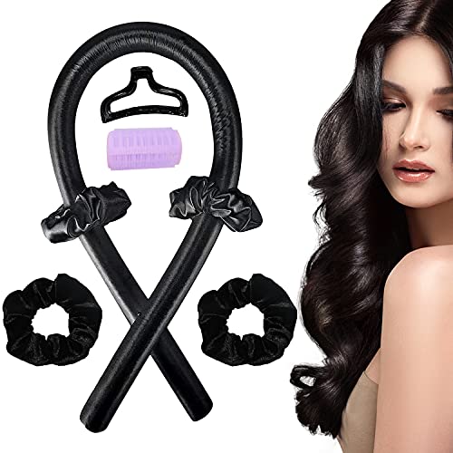 Studiocc Heatless Hair Curlers, Heatless Curling Rod Headband You Can To Sleep In Overnight, Silk Hair Roller with 2 Silk&2 Velvet Hair Scrunchies, Hair Claw, Hair Curling Ribbon for Long Hair-black