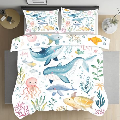 Kioldoq Housse De Couette Baleine Poisson 90x190 cm, Parure De Lit Océan Animal Fermeture Éclair Microfibre, Parure De Couette 3 Pièces Monde sous-Marin...