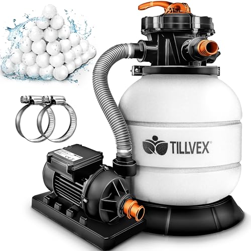 tillvex Pompa Filtro Piscina Portata 7.900L/h + 400g Filtro Balls | 7 funzioni di filtrazione | Adattatore 2in1 Ø32-38mm con indicatore di pressione | Filtro a sabbia per piscine (Bianco/Arancione)