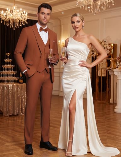 Image of WULFUL Men's Slim Fit Suit One Button 3-Piece Blazer Dress Business Wedding Party Jacket Vest & Pant