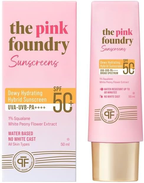 Dewy Hydrating Hybrid Sunscreen SPF 50+ | UVA UVB PA++++ | 1% Squalene & White Peony Flower Extract | No White Cast | Water Based | All Skin Types | Fragrance Free | Vegan | 50 ml