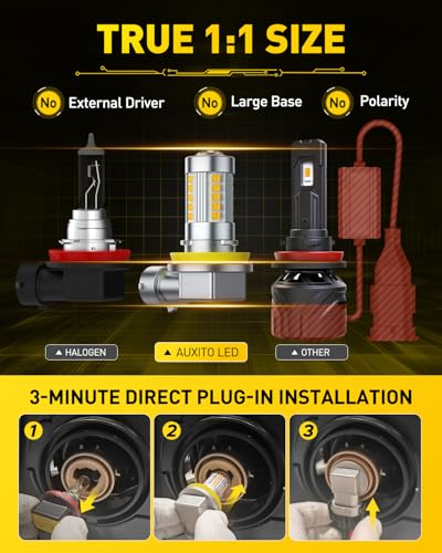 Image of AUXITO Upgraded H11 /H8 LED Fog Light Bulbs, 3000K Amber Yellow, 1:1 Mini Size H11 /H8 /H16 Yellow LED Fog Light Bulbs, 360 Full Illumination(Pack of 2)