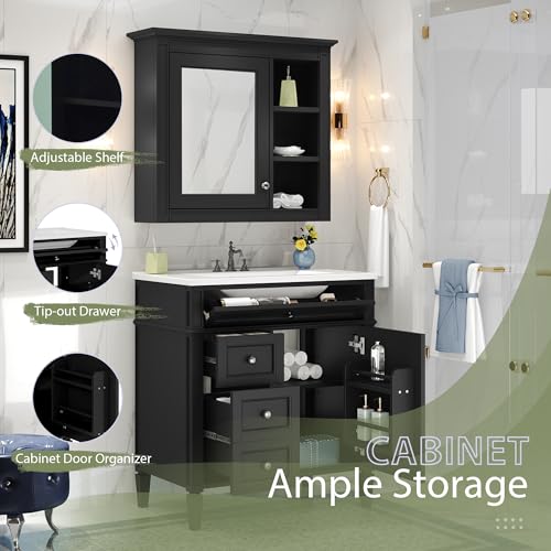Image of Merax 30 Inch Bathroom Vanity with Sink Set, Modern Bathroom Vanity Storage Cabinet with Matching Mirror Medicine Cabinet, Solid Wood Frame,Painted Finish, 2 Drawers and 1 Tip-Out Drawer, Black