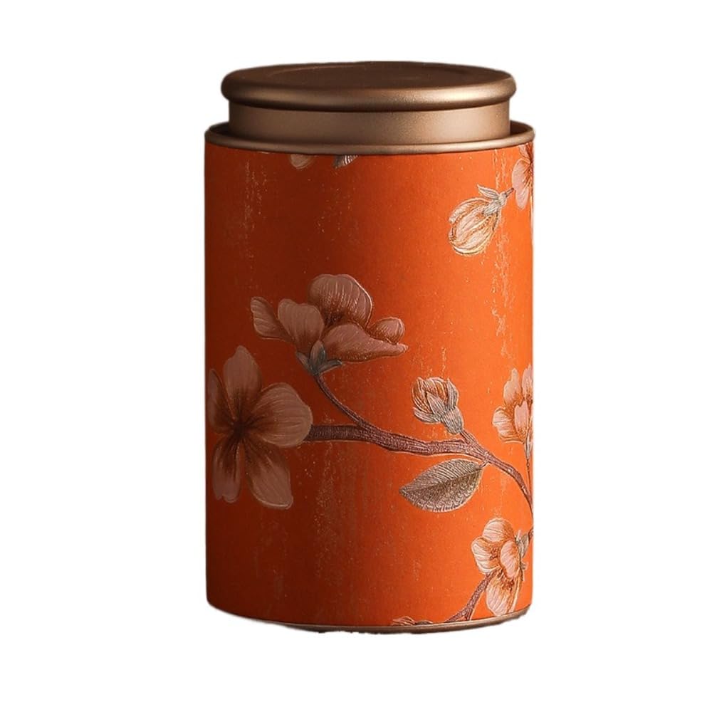 Empty Tea Tin, Vintage Metal Tinplate Tea Elegant Jar Storage Container for Coffee Herb Candy Chocolate Sugar Spices(Orange-L)