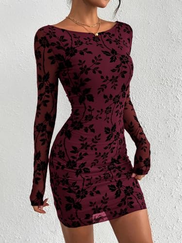 PRETTYGARDEN Women’s 2025 Fall Bodycon Mini Dresses Long Sleeve Mesh Slim Floral Wedding Guest Cocktail Party Short Dress4