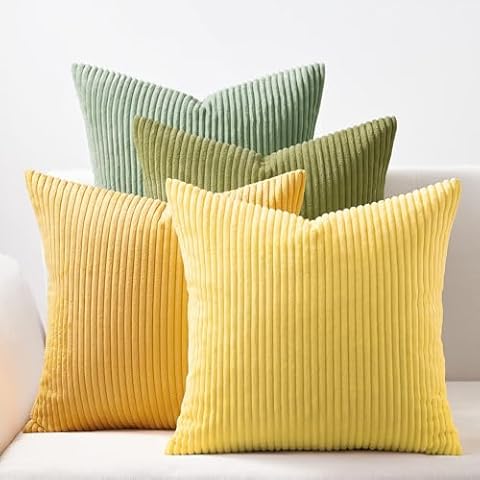 Topfinel Decorative Throw Pillow Covers 18x18 Inches Set of 4,Striped Corduroy Sage Green Yellow Color-Clash Design Cushion Cover,Pillow Case for Bedroom Couch Sofa Living Room,Summer Home Decor Cover
